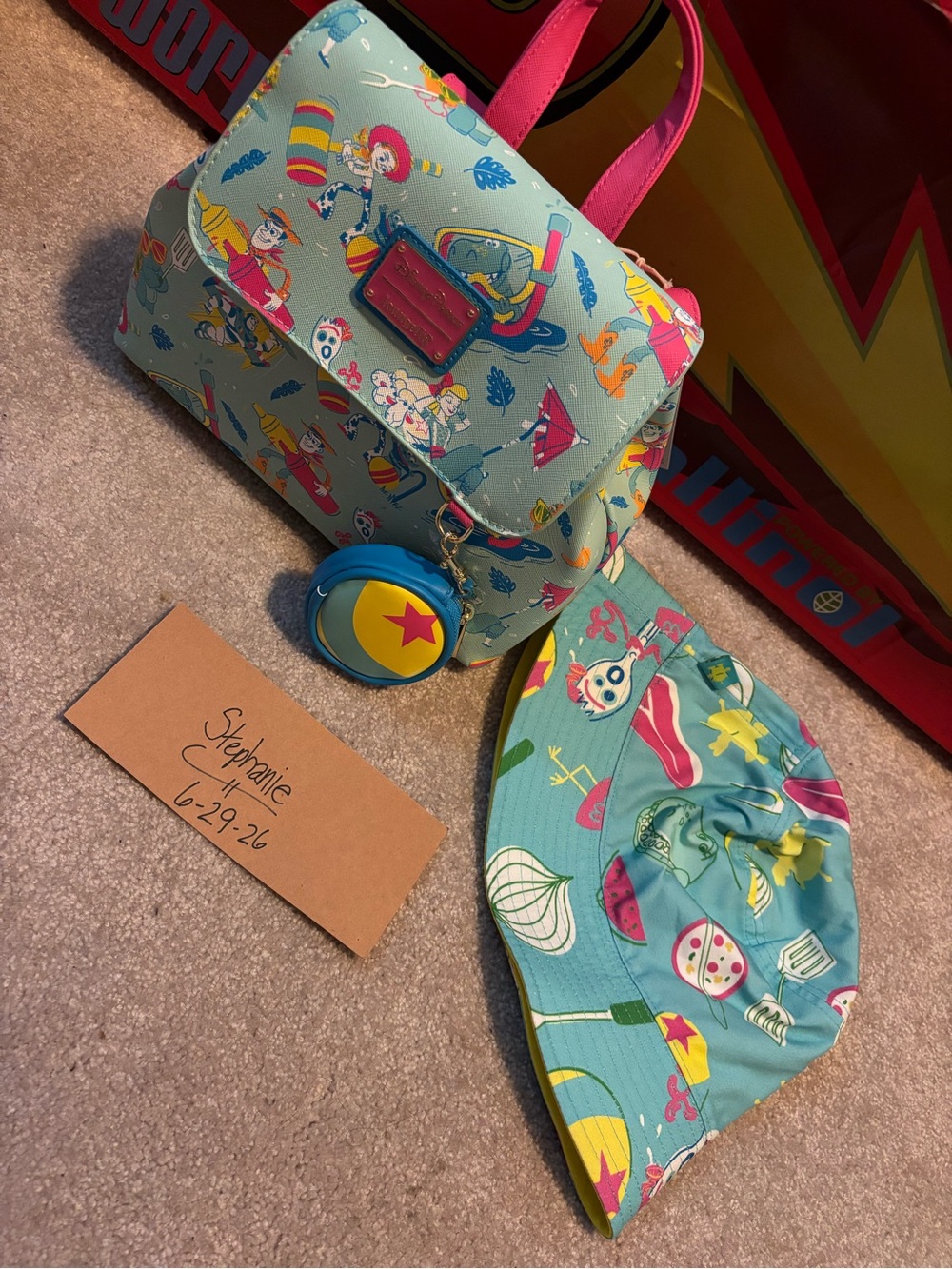Loungefly Toy Story Mini Backpack with Pink Straps and Matching Hat